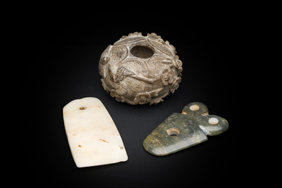A small Chinese ritual axe, a water jar and a pendant in jade and hardstone, possibly Liangzhu or Han