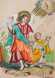 Two embroidered miniatures and a hand coloured miniature engraving, 17th/18th C.