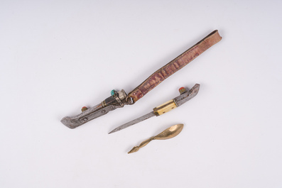 A Tibetan dagger with silver sheath and a turquoise-embellished copper spoon, 19th C.