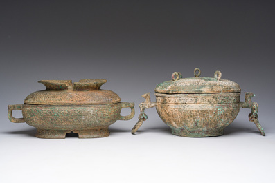 Two Chinese ritual bronze 'ding' and 'gui' food containers, possibly Warring States Period