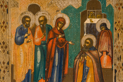 A Russian orthodox icon, 'Mary and various Saints appearing to Sergius of Radonezh', 19th C.