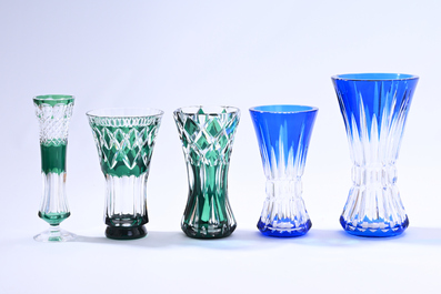 Nine partly coloured overlay cut crystal vases, Val Saint Lambert, Belgium, 20th C.