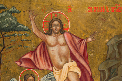 Two Russian orthodox icons with (silver-plated) brass oklad or riza, 'The Resurrection of Christ' and 'The Nativity of the Mother of God', 19th C.