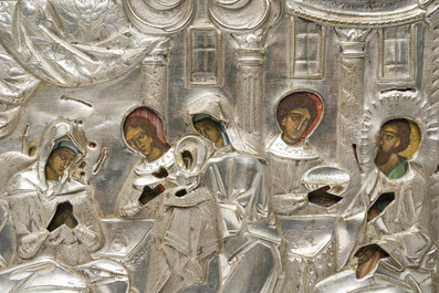 Two Russian orthodox icons with (silver-plated) brass oklad or riza, 'The Resurrection of Christ' and 'The Nativity of the Mother of God', 19th C.