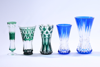 Nine partly coloured overlay cut crystal vases, Val Saint Lambert, Belgium, 20th C.