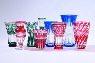 Nine partly coloured overlay cut crystal vases, Val Saint Lambert, Belgium, 20th C.