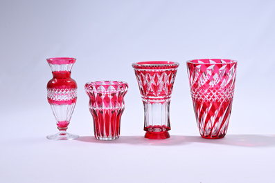 Nine partly coloured overlay cut crystal vases, Val Saint Lambert, Belgium, 20th C.