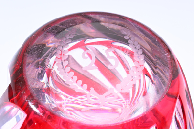 Nine partly coloured overlay cut crystal vases, Val Saint Lambert, Belgium, 20th C.