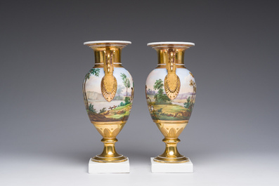 A pair of Brussels porcelain Empire vases with hunting parties, Chappel and Panneel, first half 19th C.