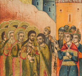 A double-sided Russian orthodox icon, 'Three Holy Hierarchs' and 'The betrayal of Jesus Christ by Judas Iscariot', 19th C.