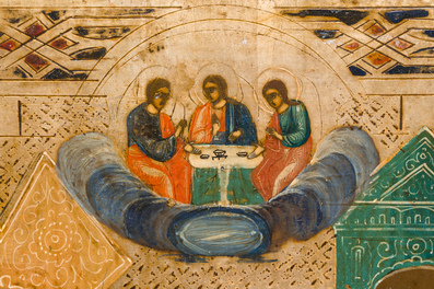 A Russian orthodox icon, 'Mary and various Saints appearing to Sergius of Radonezh', 19th C.