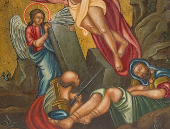 Two Russian orthodox icons with (silver-plated) brass oklad or riza, 'The Resurrection of Christ' and 'The Nativity of the Mother of God', 19th C.