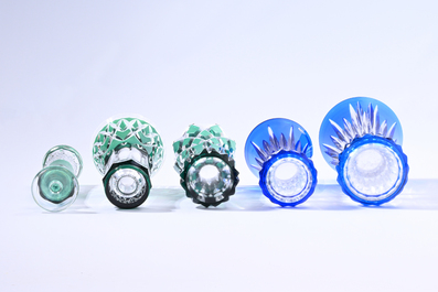 Nine partly coloured overlay cut crystal vases, Val Saint Lambert, Belgium, 20th C.