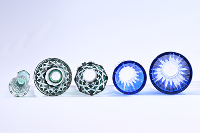 Nine partly coloured overlay cut crystal vases, Val Saint Lambert, Belgium, 20th C.