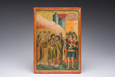 A double-sided Russian orthodox icon, 'Three Holy Hierarchs' and 'The betrayal of Jesus Christ by Judas Iscariot', 19th C.