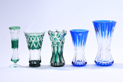 Nine partly coloured overlay cut crystal vases, Val Saint Lambert, Belgium, 20th C.
