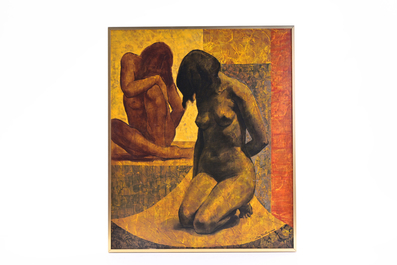 Jos Trotteyn (1910-2002): 'Twee ingetogen figuren', tempera op board