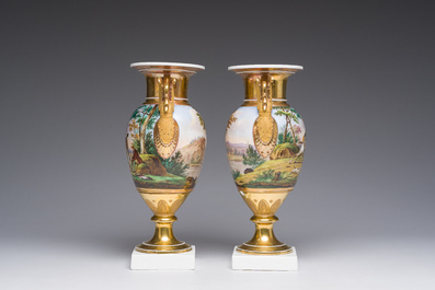 A pair of Brussels porcelain Empire vases with hunting parties, Chappel and Panneel, first half 19th C.