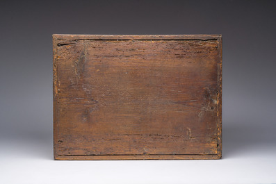 Een Antwerps tafelkabinet met palissanderfineer, ge&euml;boniseerd hout en inlegwerk van been, 17de eeuw