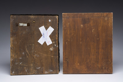 Two Russian orthodox icons with (silver-plated) brass oklad or riza, 'The Resurrection of Christ' and 'The Nativity of the Mother of God', 19th C.