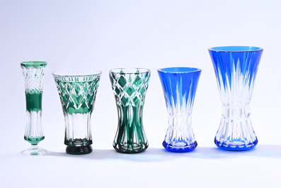 Nine partly coloured overlay cut crystal vases, Val Saint Lambert, Belgium, 20th C.