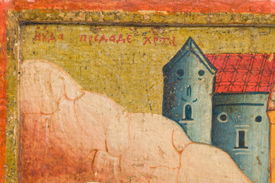 A double-sided Russian orthodox icon, 'Three Holy Hierarchs' and 'The betrayal of Jesus Christ by Judas Iscariot', 19th C.