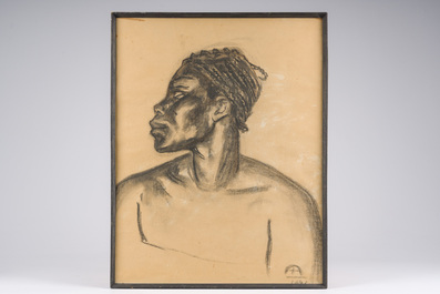 Monogramm&eacute; A.M. (?, probablement Auguste Mambour, 1896-1968): Portrait d'une dame africaine, fusain sur papier, dat&eacute; 1942
