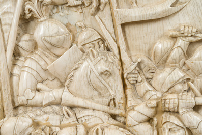 A museal and impressive carved ivory relief depicting a battle from the Hundred Years' War, probably Dieppe, 19th C.