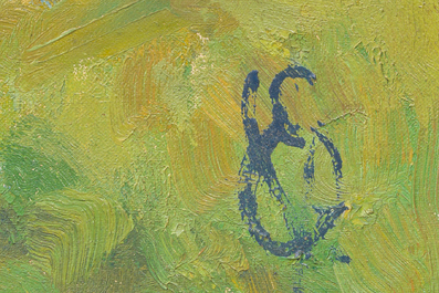 Edmond Verstraeten (1870-1956): Rivierlandschap bij een ondergaande zomerzon, olie op doek