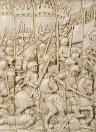 A museal and impressive carved ivory relief depicting a battle from the Hundred Years' War, probably Dieppe, 19th C.