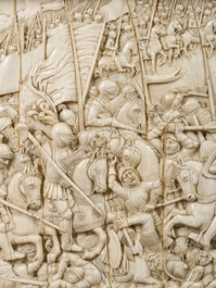 A museal and impressive carved ivory relief depicting a battle from the Hundred Years' War, probably Dieppe, 19th C.