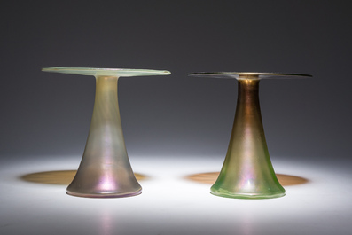 Koloman Moser (1868-1918, follower of): A pair of 'Vulkan' iridescent glass vases, 20th C.