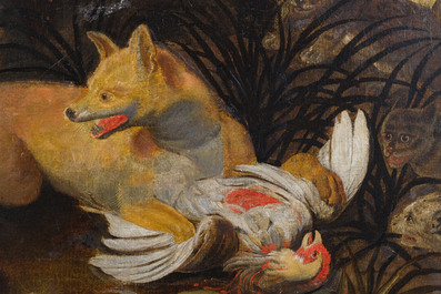 European school, follower of Frans Snijders (1579-1657): A fox defends prey from wild cats, oil on canvas, early 18th C.