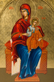 A Gothic Revival parcel-gilt Crucifixion triptych and two gilt-ground icons, 20th C.