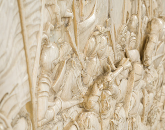 A museal and impressive carved ivory relief depicting a battle from the Hundred Years' War, probably Dieppe, 19th C.