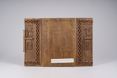 A Gothic Revival parcel-gilt Crucifixion triptych and two gilt-ground icons, 20th C.