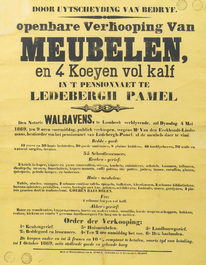 A sales poster for a sale of furniture, household goods and livestock at the boarding school Ledeberg-Pamel nearby Roosdaal, 1869