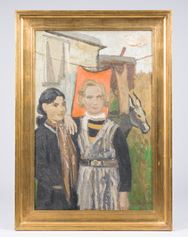 Hubert Malfait (1898-1971): Twee woonwagenbewoners en een ezel in een landschap, olie op doek