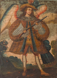 Cusco School, Peru: An angel with an arquebus and an angel with a flute, oil on canvas, 18th C.
