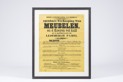 A sales poster for a sale of furniture, household goods and livestock at the boarding school Ledeberg-Pamel nearby Roosdaal, 1869