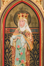 A Gothic Revival parcel-gilt Crucifixion triptych and two gilt-ground icons, 20th C.