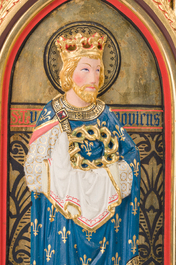 A Gothic Revival parcel-gilt Crucifixion triptych and two gilt-ground icons, 20th C.