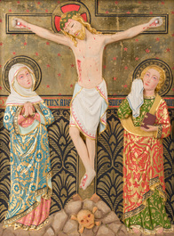 A Gothic Revival parcel-gilt Crucifixion triptych and two gilt-ground icons, 20th C.