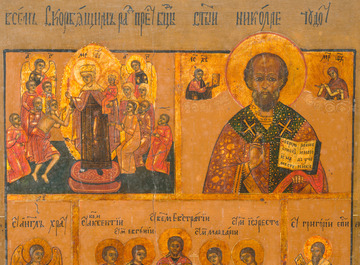 A Russian orthodox three field 'Saints' icon, most probably Palekh, 19th C.