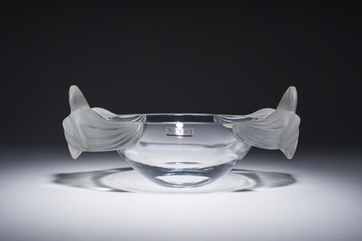 A French crystal 'Loriol' table centrepiece with frosted orchid handles, Lalique, last quarter 20th C.