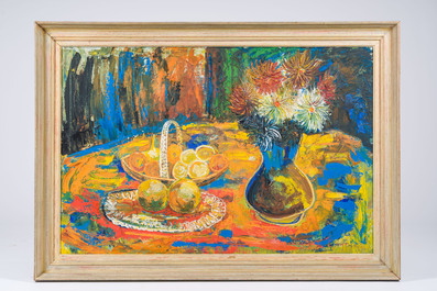 Etienne Le Compte (1931-2010): Still life with flowers and fruit, oil on canvas