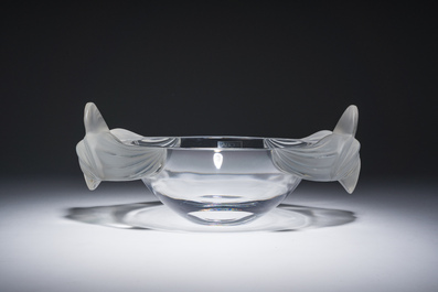 A French crystal 'Loriol' table centrepiece with frosted orchid handles, Lalique, last quarter 20th C.