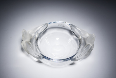 A French crystal 'Loriol' table centrepiece with frosted orchid handles, Lalique, last quarter 20th C.