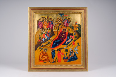 A Gothic Revival parcel-gilt Crucifixion triptych and two gilt-ground icons, 20th C.