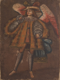 Cusco School, Peru: An angel with an arquebus and an angel with a flute, oil on canvas, 18th C.